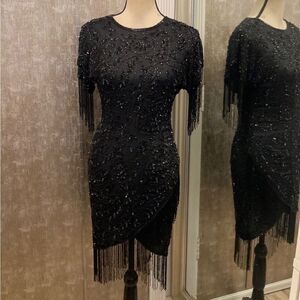 Elegant Black Beaded Fringe Dress, US2